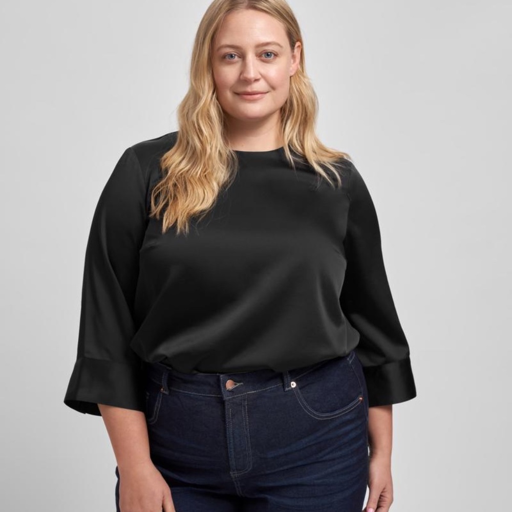 Louise Long Sleeve Satin Blouse - Black
